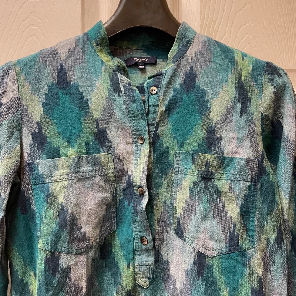 Madewell Women's Small Green Ikat‎ Woven Double Pocket Banded Collar Popover - Picture 3 of 10